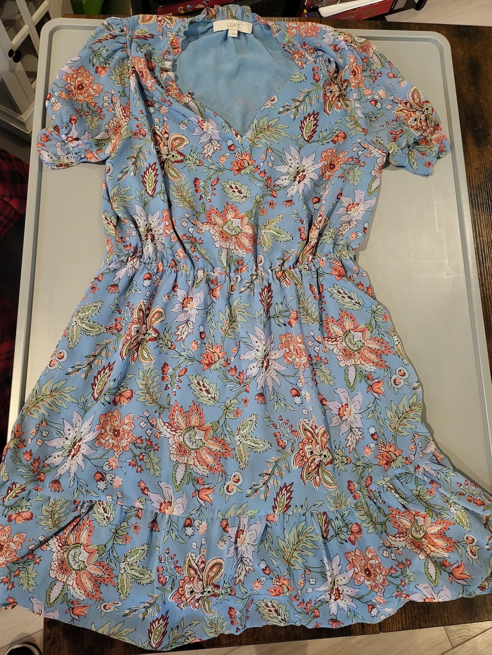 LOFT Blue Floral Puff Sleeve Dress L